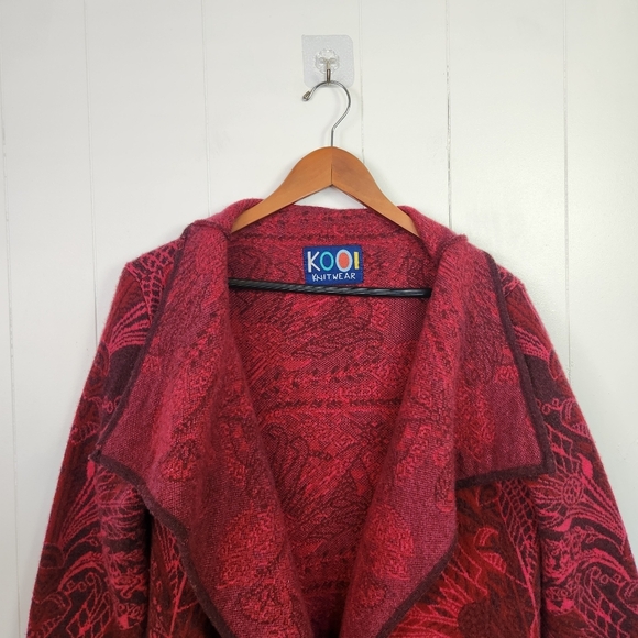 KOOI Knit Long Cardigan Sweater Red Draped Collar Lambswool Pockets Size Medium - Picture 4 of 13
